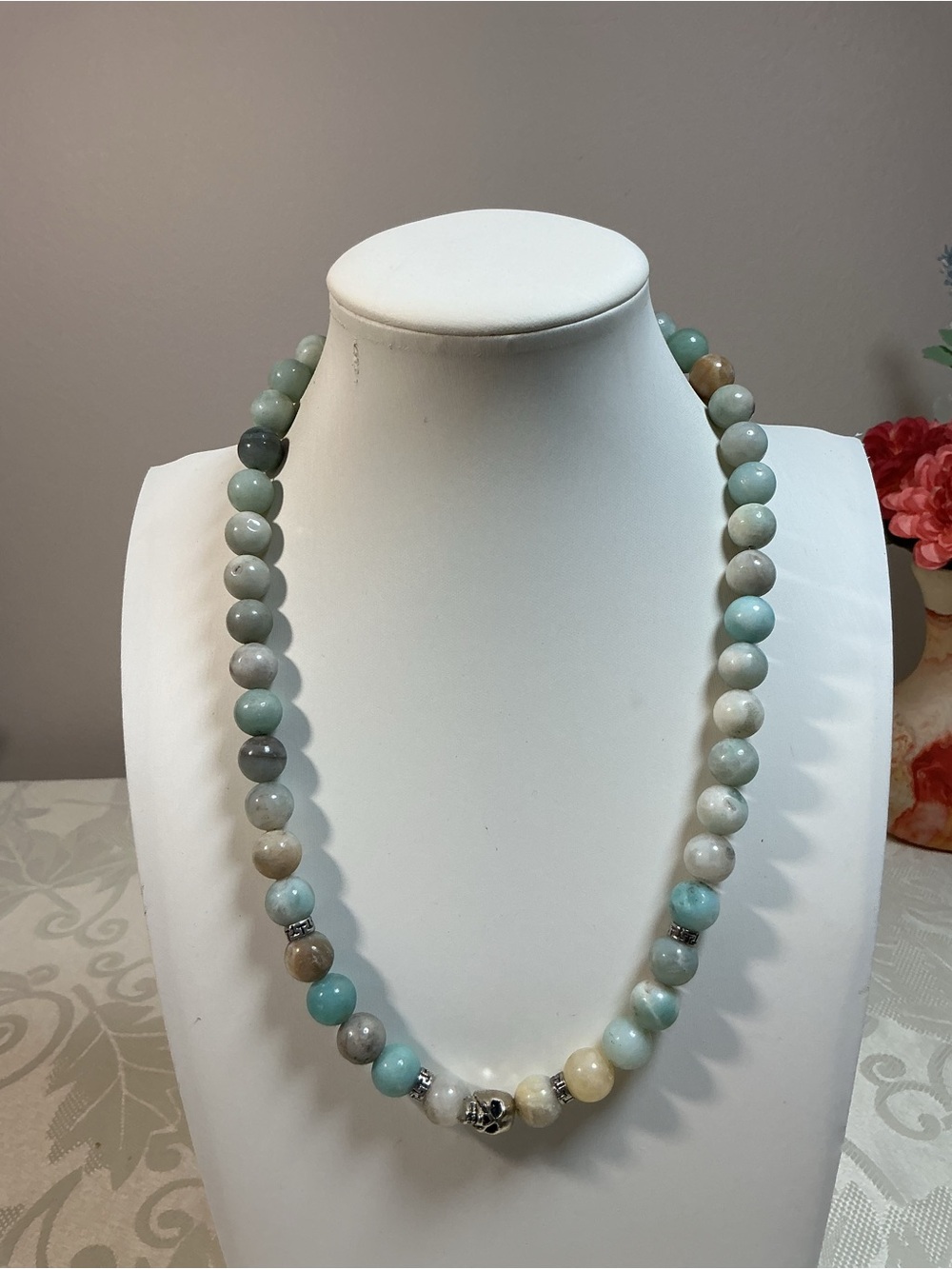 Green Aventurine Genuine Beaded Necklace with Silver Tone Skull Accent